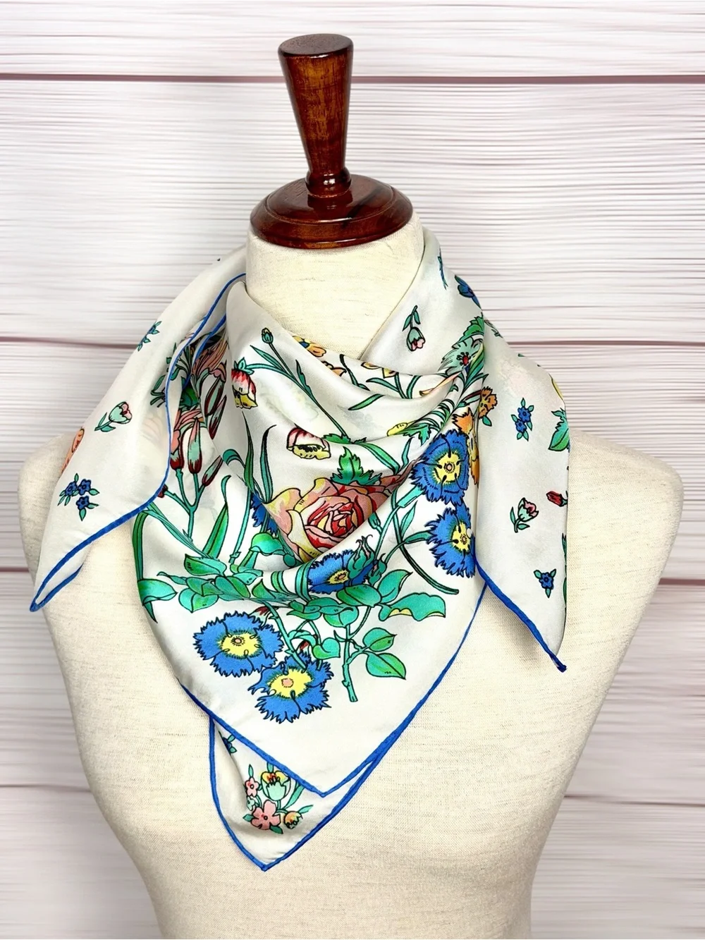 Vintage Square Silk Scarf Ivory with Floral Print Hand Rolled 28x28